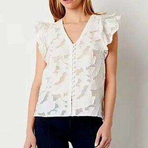 NEW! RYEGRASS Cute Floral Top Button Up‎ V-Neck Plus 3X White $70 Ruffle Sleeves